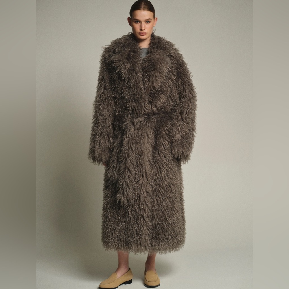 SOURCE UNKNOWN FAUX MONGOLIAN FUR LONG BELTED PLUSH COAT SAGE grey O/S XS S M * - Picture 2 of 7